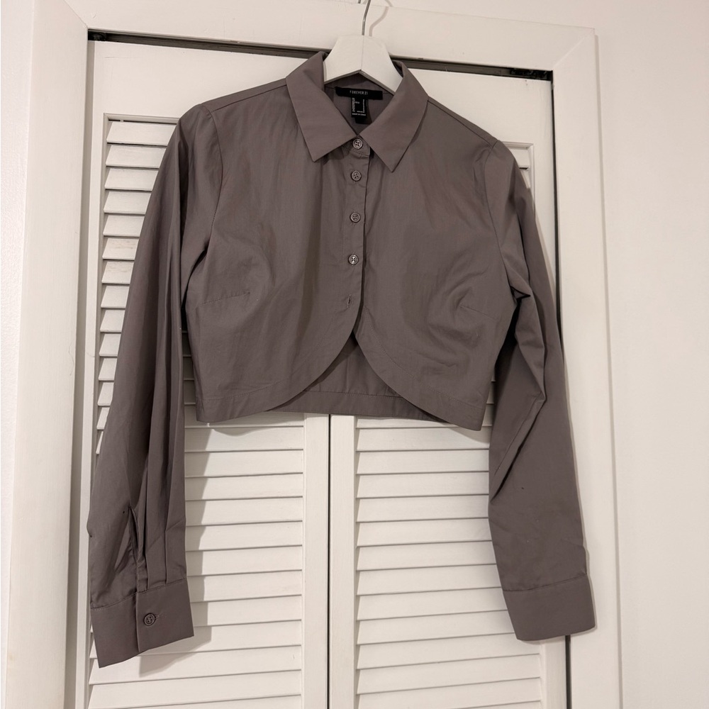 Zara Cropped Button-Down Shirt in Taupe